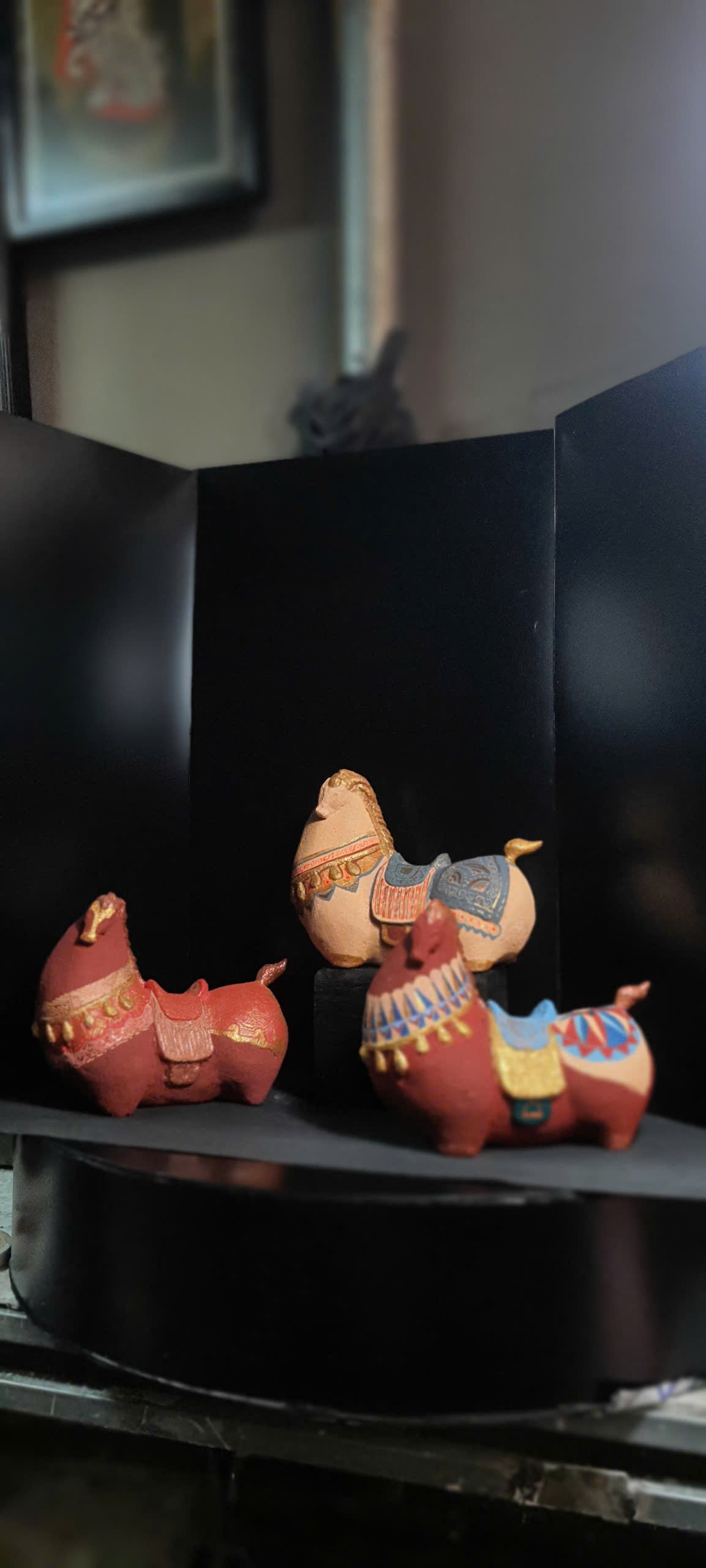 Vietnamese Paper Pulp Horse Sculpture — Blue & Terracotta
