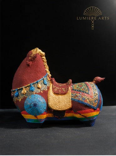 Lumiere Arts Vietnamese paper pulp horse sculpture — Multicolor Red, Blue & Gold