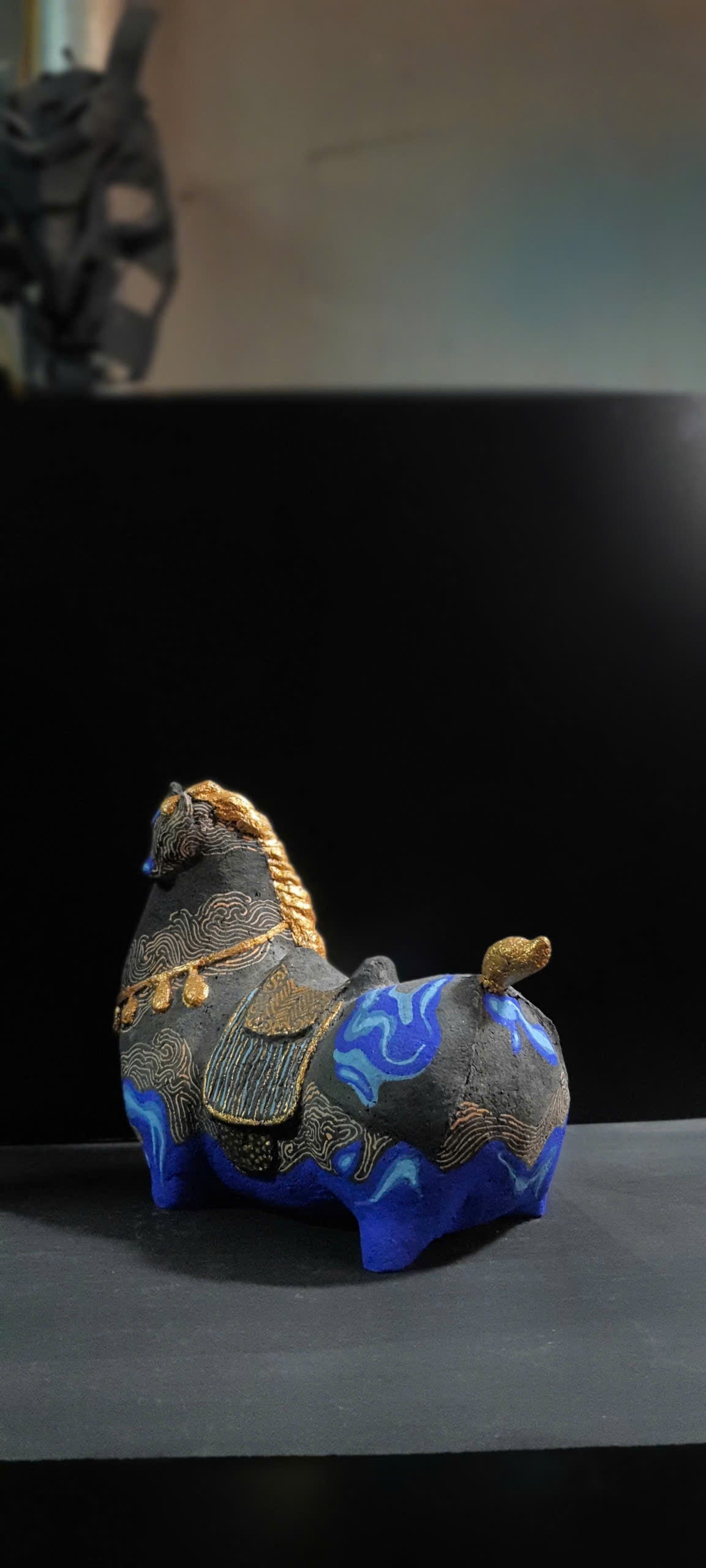 Vietnamese Paper Pulp Horse Sculpture — Blue, Red & Gold