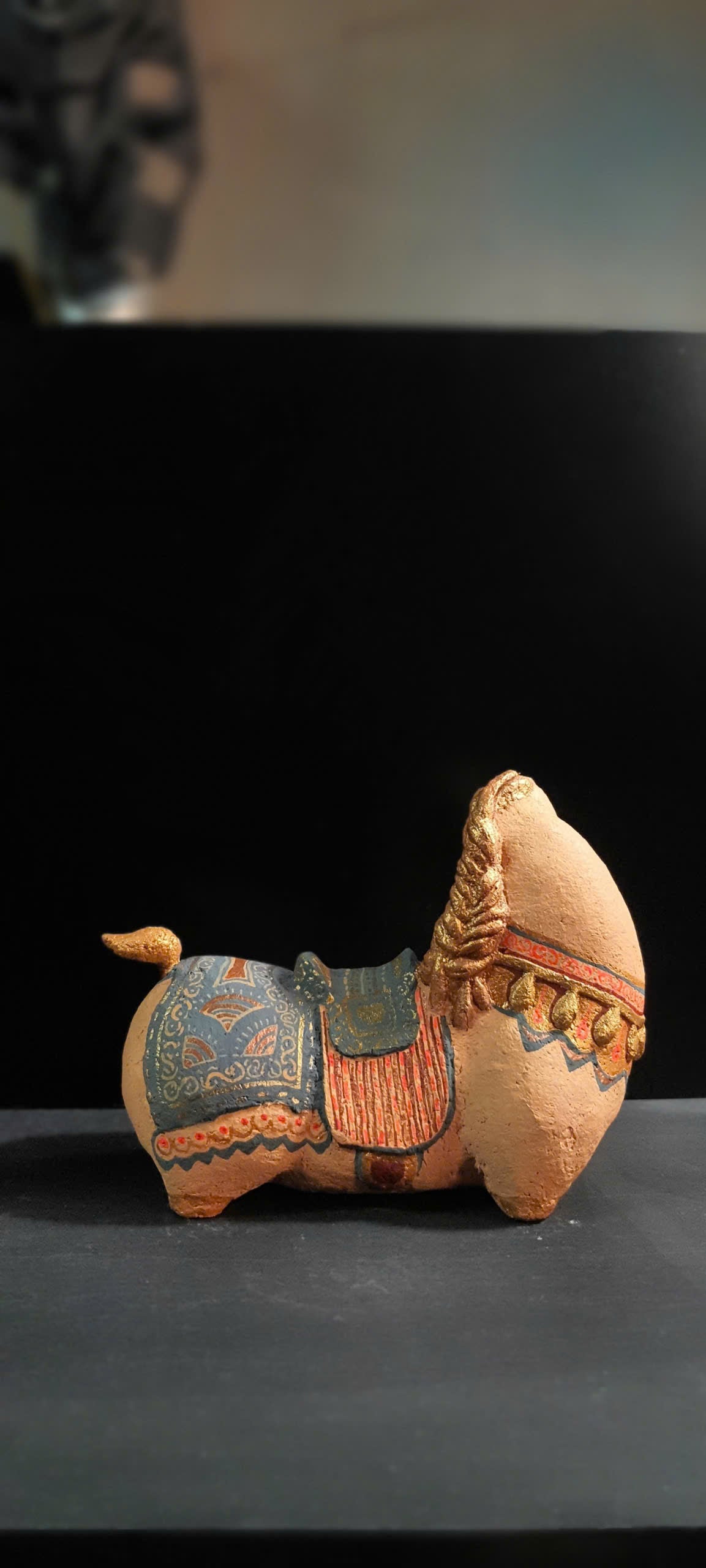 Vietnamese Paper Pulp Horse Sculpture — Blue & Terracotta