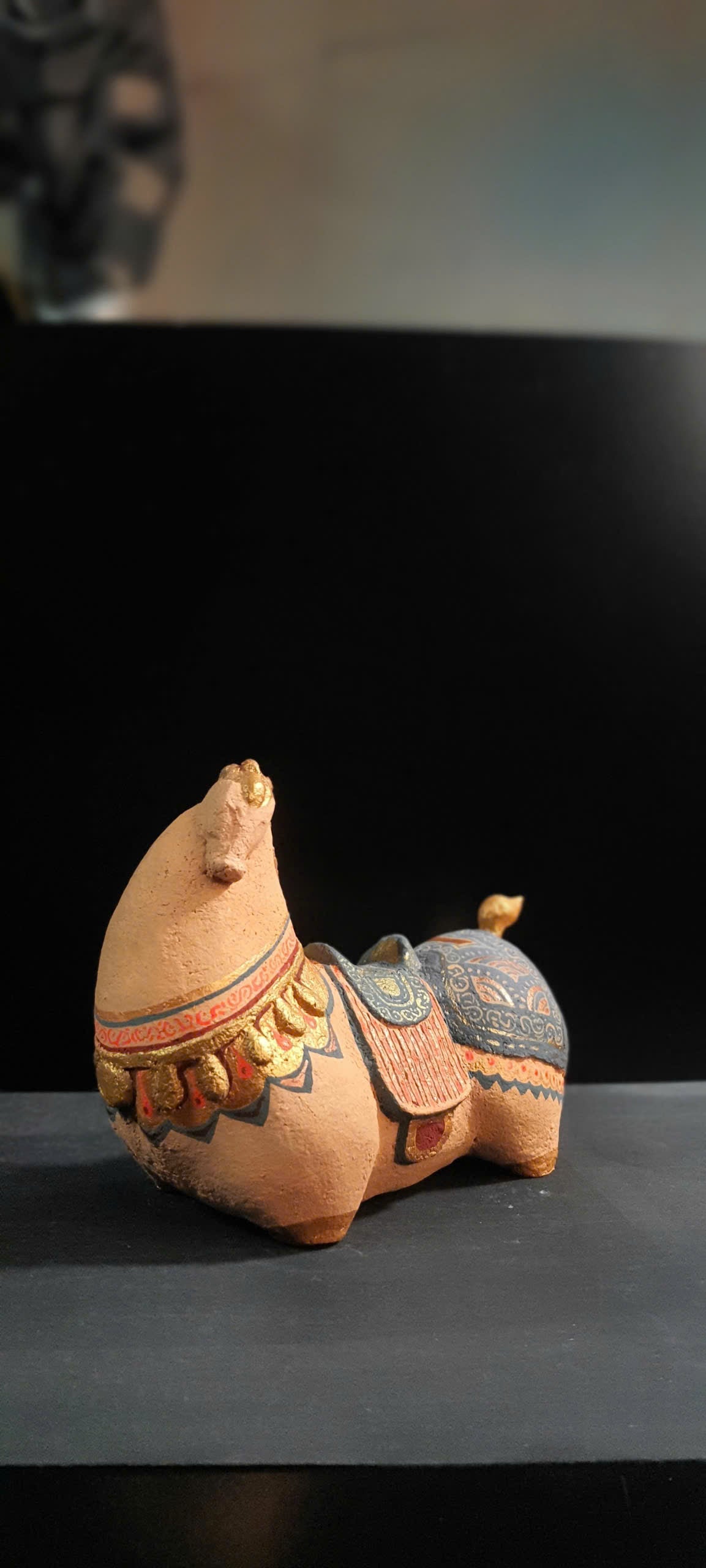 Vietnamese Paper Pulp Horse Sculpture — Blue & Terracotta