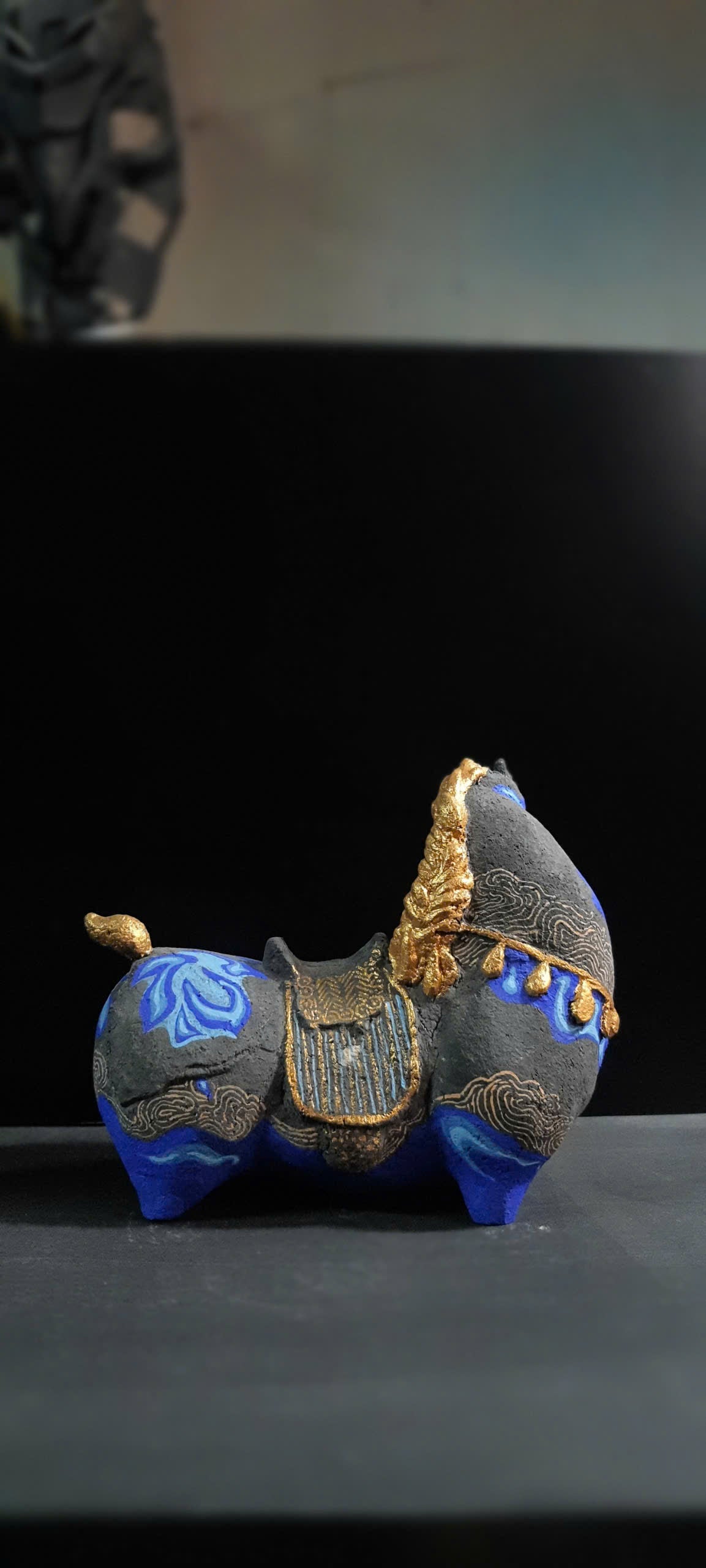 Vietnamese Paper Pulp Horse Sculpture — Black, Blue & Copper