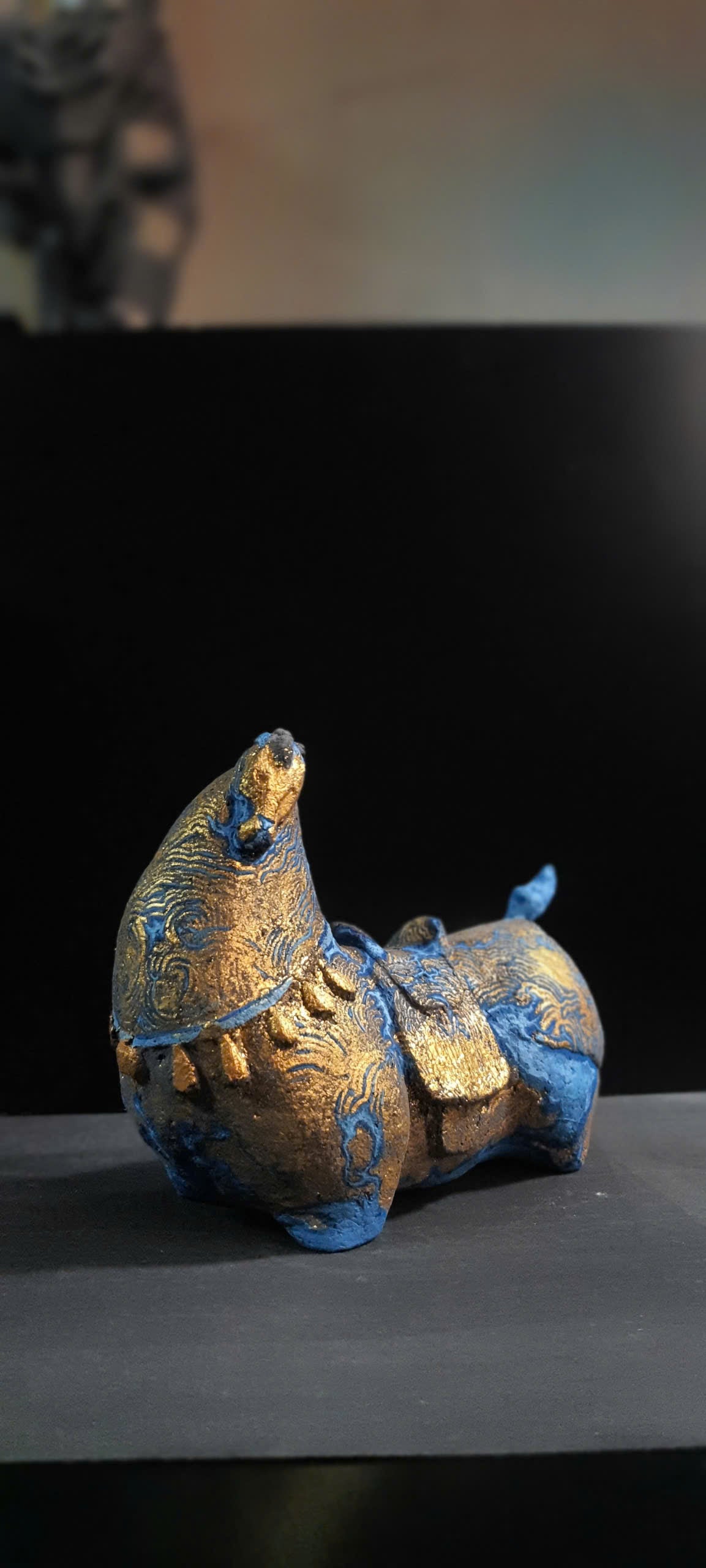 Vietnamese Paper Pulp Horse Sculpture — Blue, Red & Gold