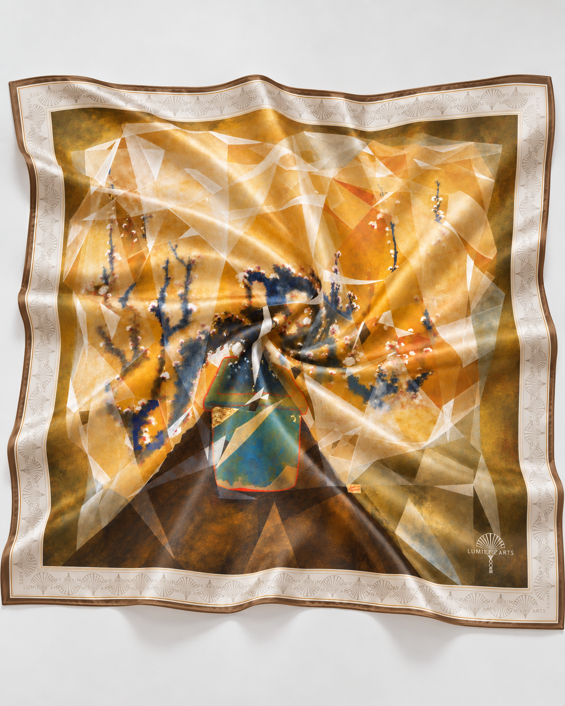 Golden silk scarf by Nguyen Van Trinh — flat lay