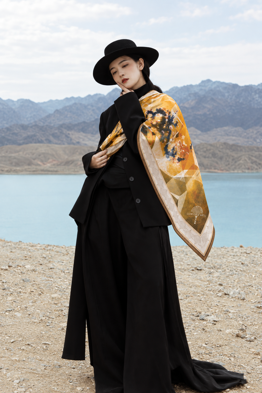 Golden silk scarf by Nguyen Van Trinh — outdoor styling