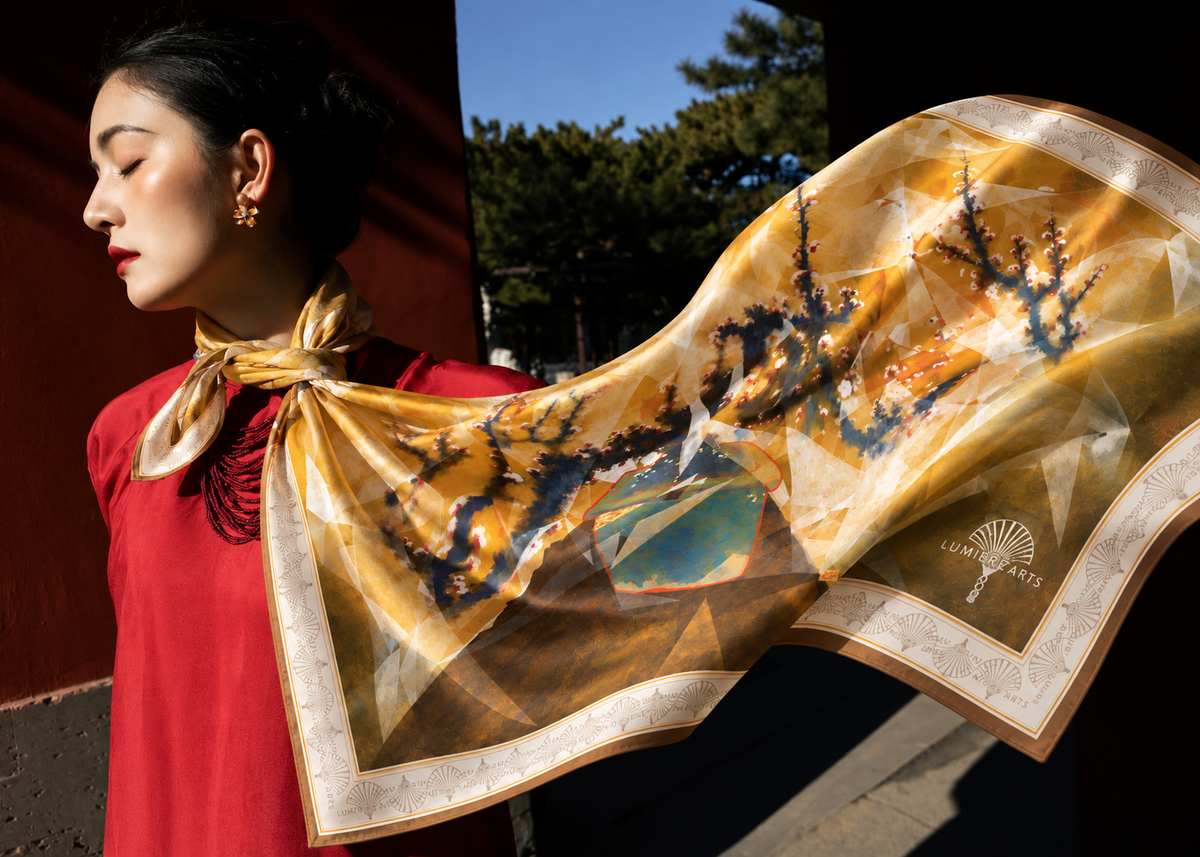 Golden silk scarf by Nguyen Van Trinh — editorial styling