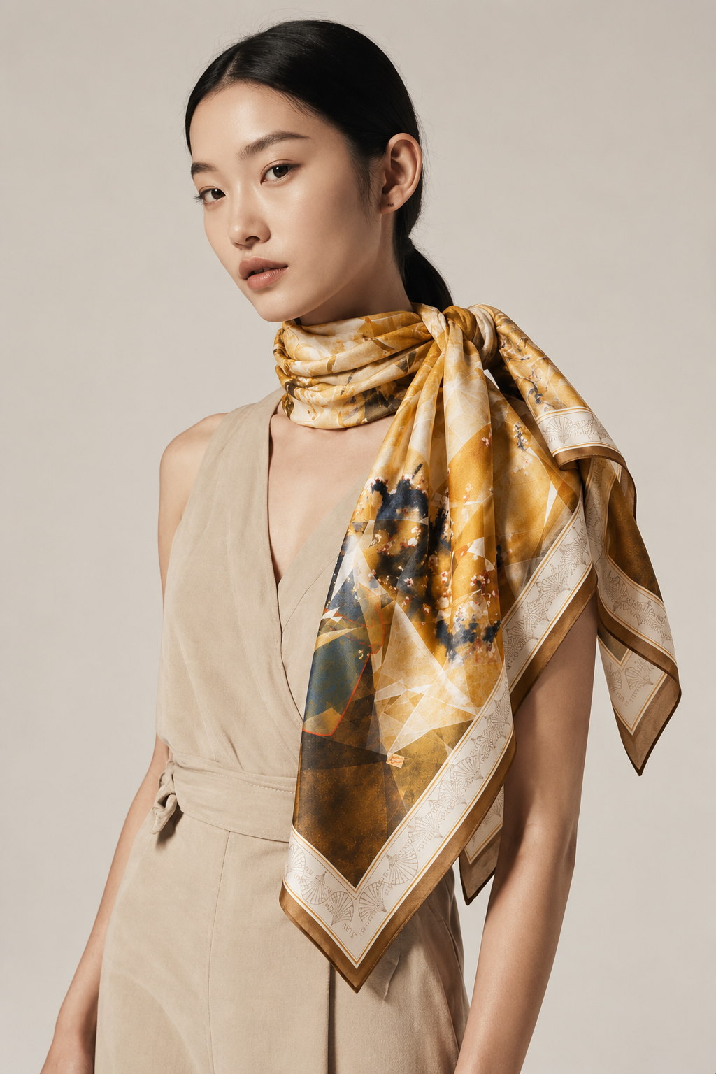 Golden silk scarf by Nguyen Van Trinh — neutral styling