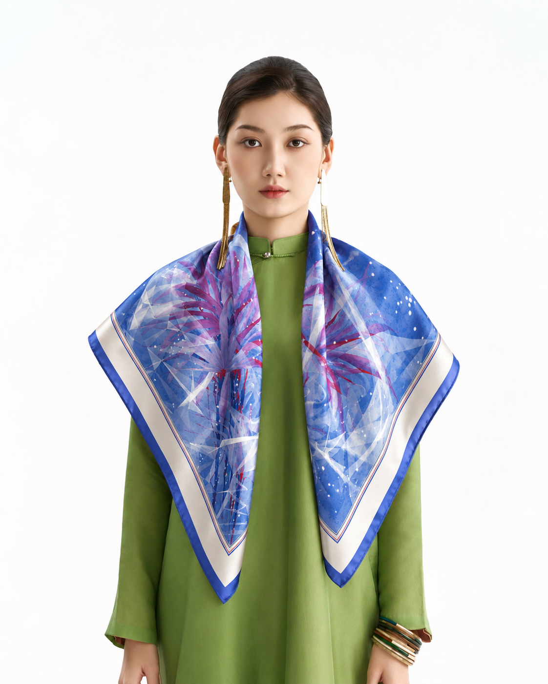 Blue art silk scarf styled over green dress