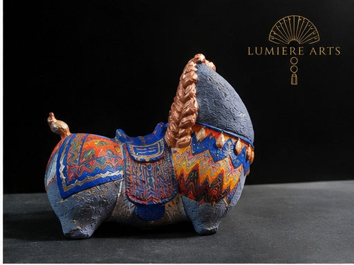 Vietnamese Paper Pulp Horse Sculpture — Blue, Red & Gold