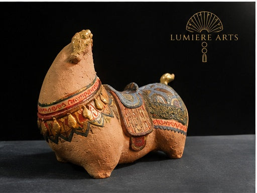 Vietnamese Paper Pulp Horse Sculpture — Blue & Terracotta