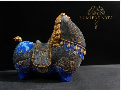 Vietnamese Paper Pulp Horse Sculpture — Blue, Red & Gold