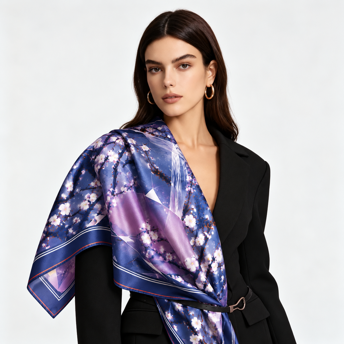 Cherry Blossom Crystal silk scarf styled with black suit