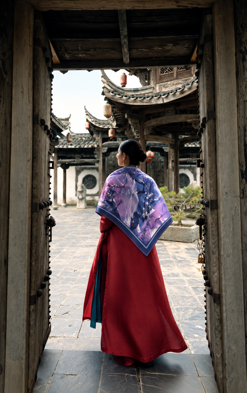 Cherry Blossom Crystal silk scarf styled in traditional architecture