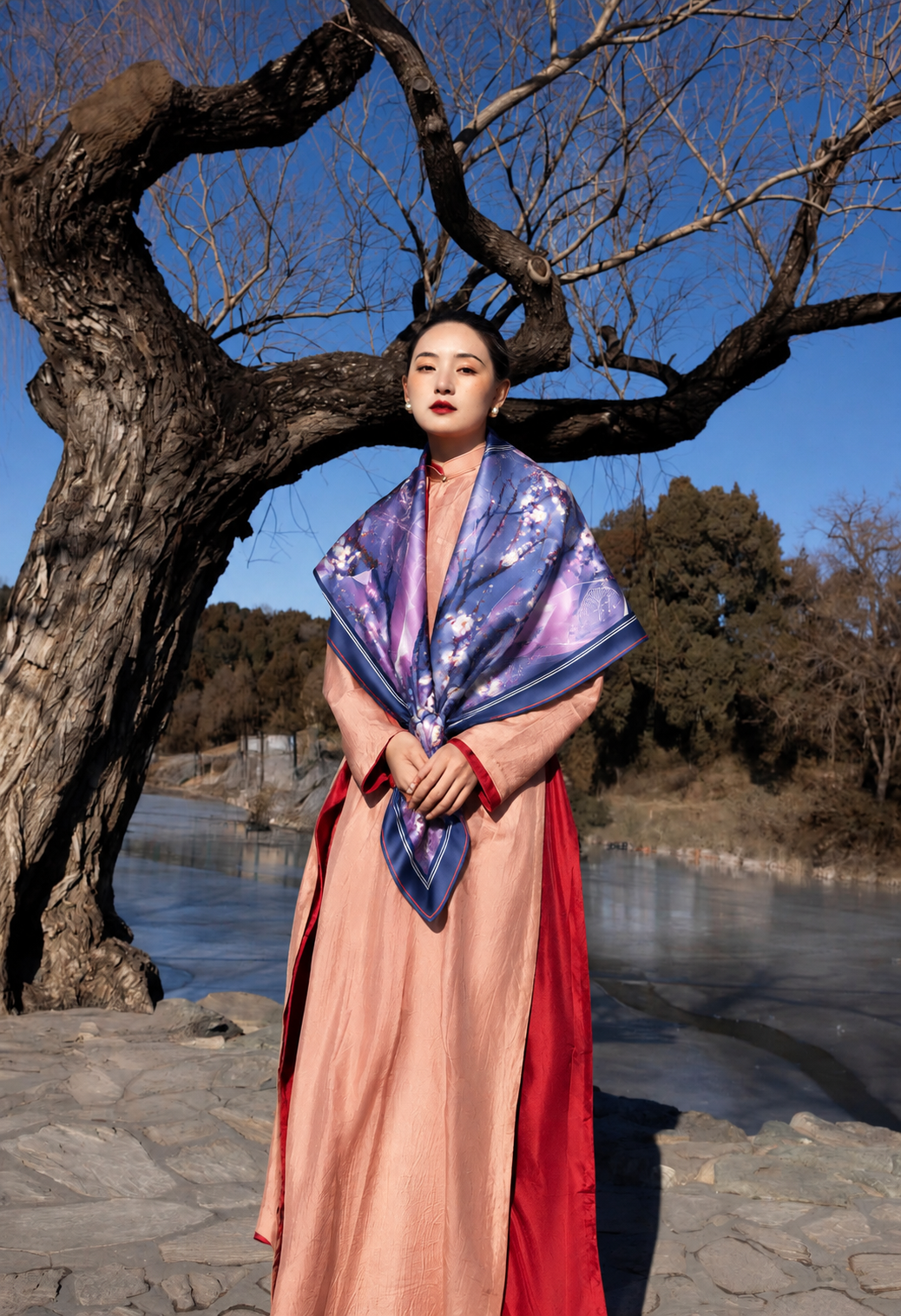 Cherry Blossom Crystal silk scarf styled outdoors