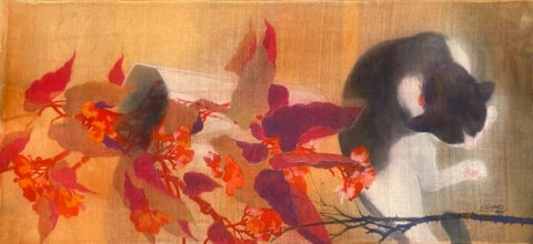 Giấc trưa by Nguyen Van Trinh, original watercolor on silk painting, 62 × 28 cm