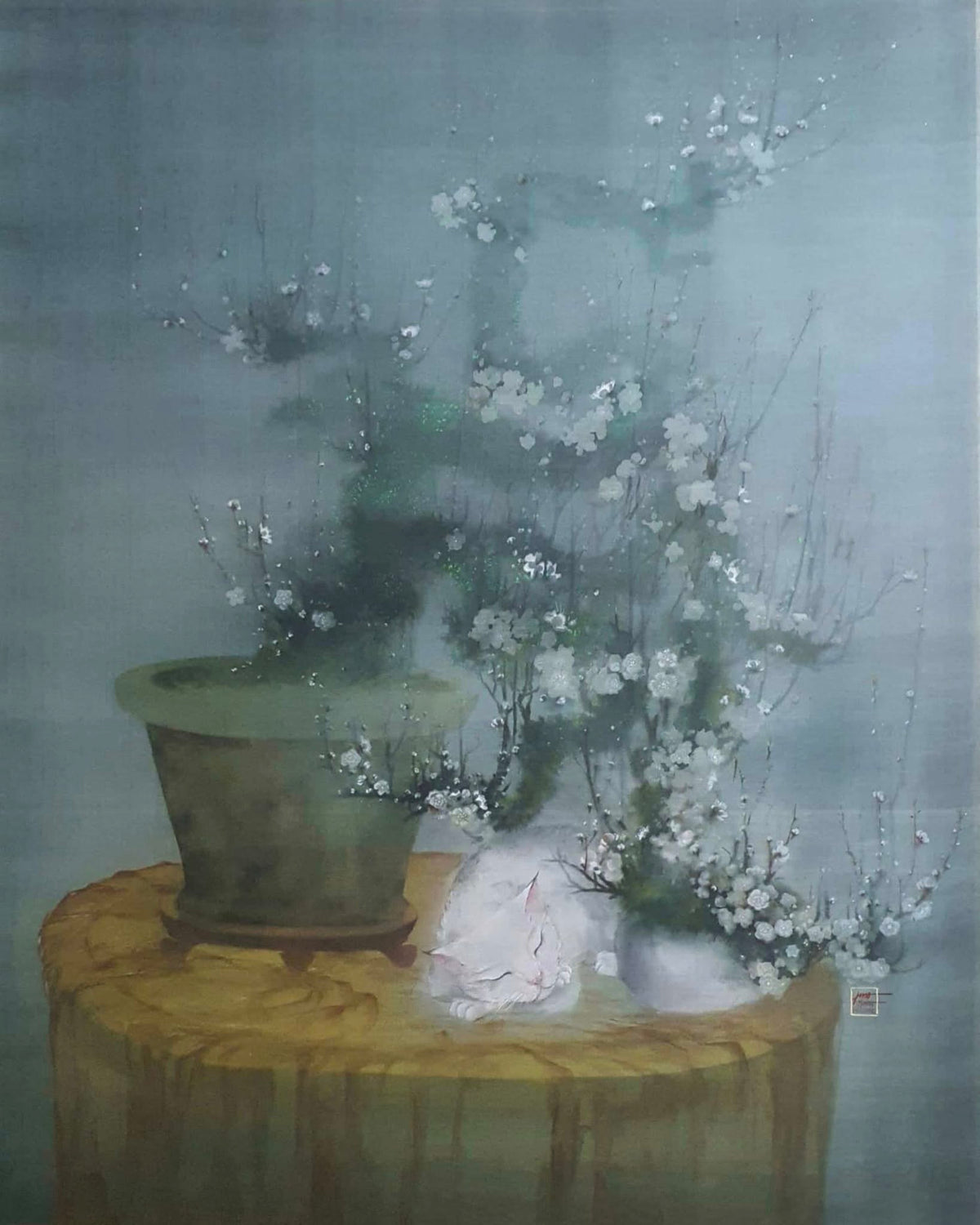 Giấc xuân (Spring Slumber) — original watercolor on silk painting by Nguyen Van Trinh, 93.5 × 113.5 cm, 2022