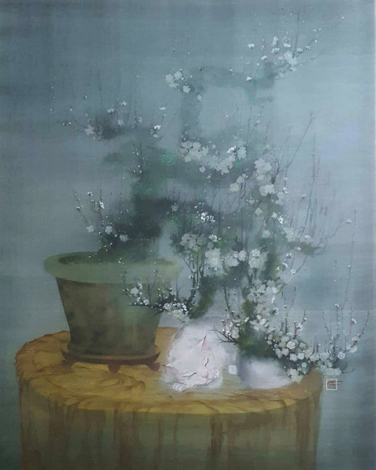 Giấc xuân (Spring Slumber) — original watercolor on silk painting by Nguyen Van Trinh, 93.5 × 113.5 cm, 2022