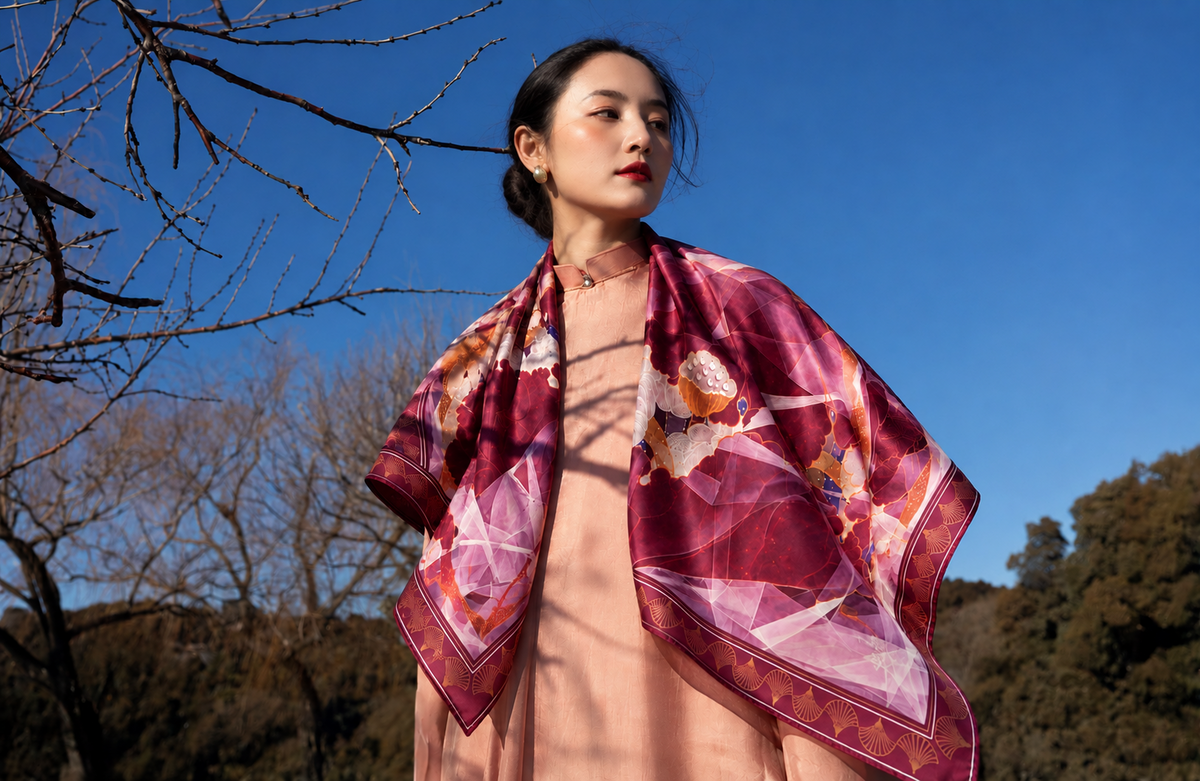 Red Lotus silk scarf by Nguyen Van Trinh styled outdoors