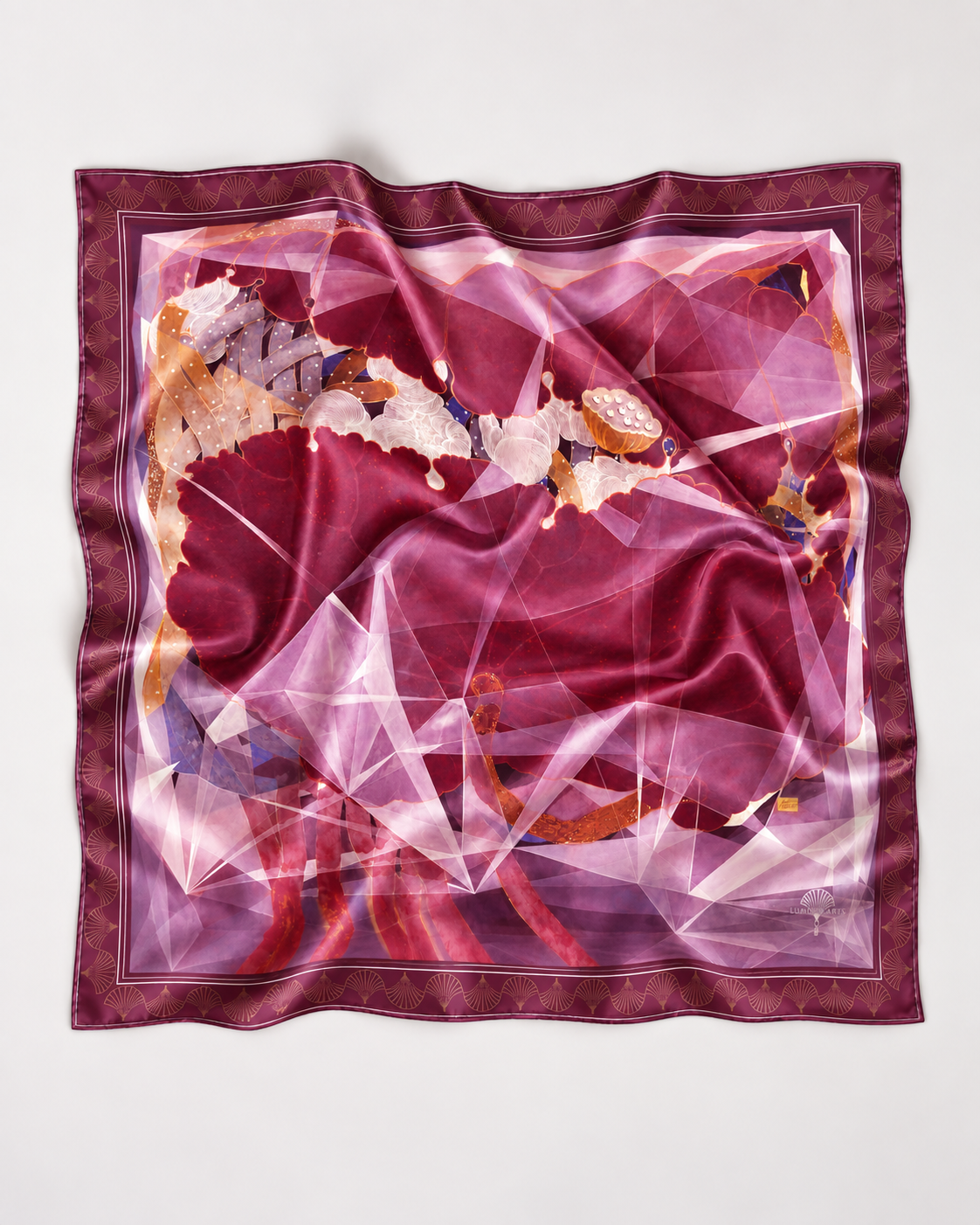 Red Lotus silk scarf by Nguyen Van Trinh shown flat to display the full artwork