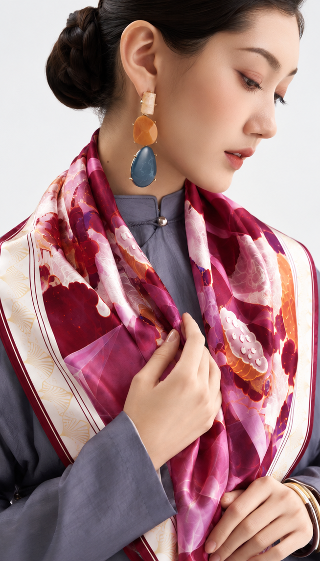 Lotus Geometry silk scarf styled around the neck