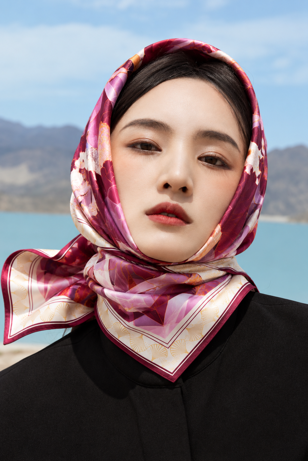 Lotus Geometry silk scarf worn as a headscarf