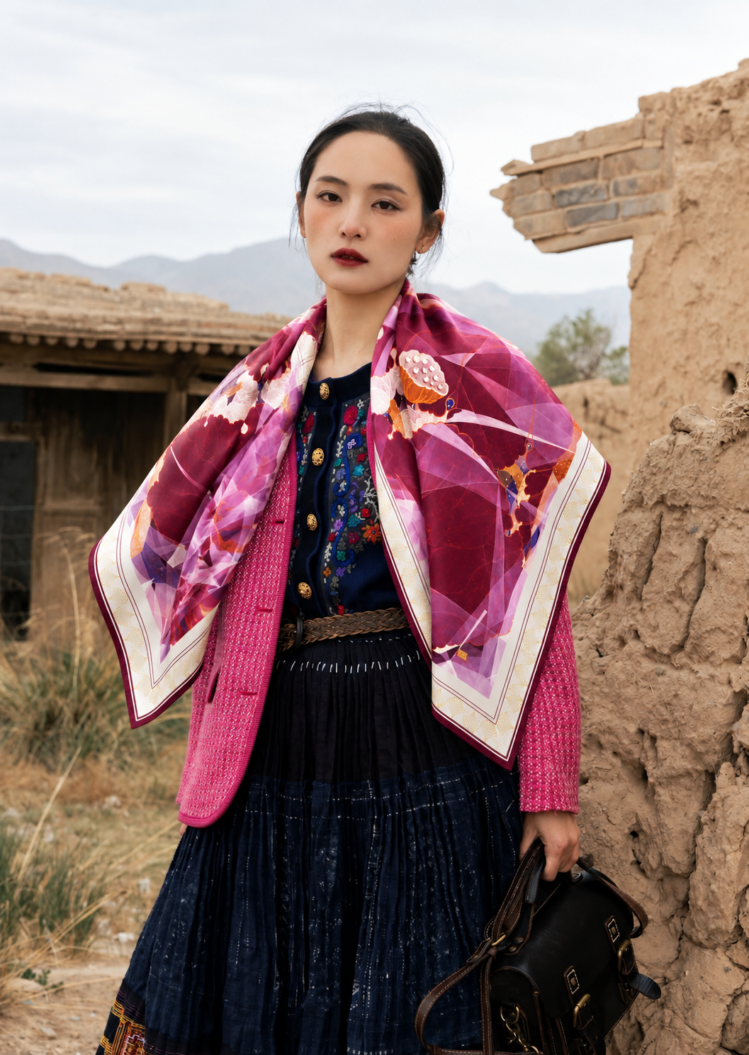 Lotus Geometry silk scarf styled with contemporary Vietnamese-inspired outfit