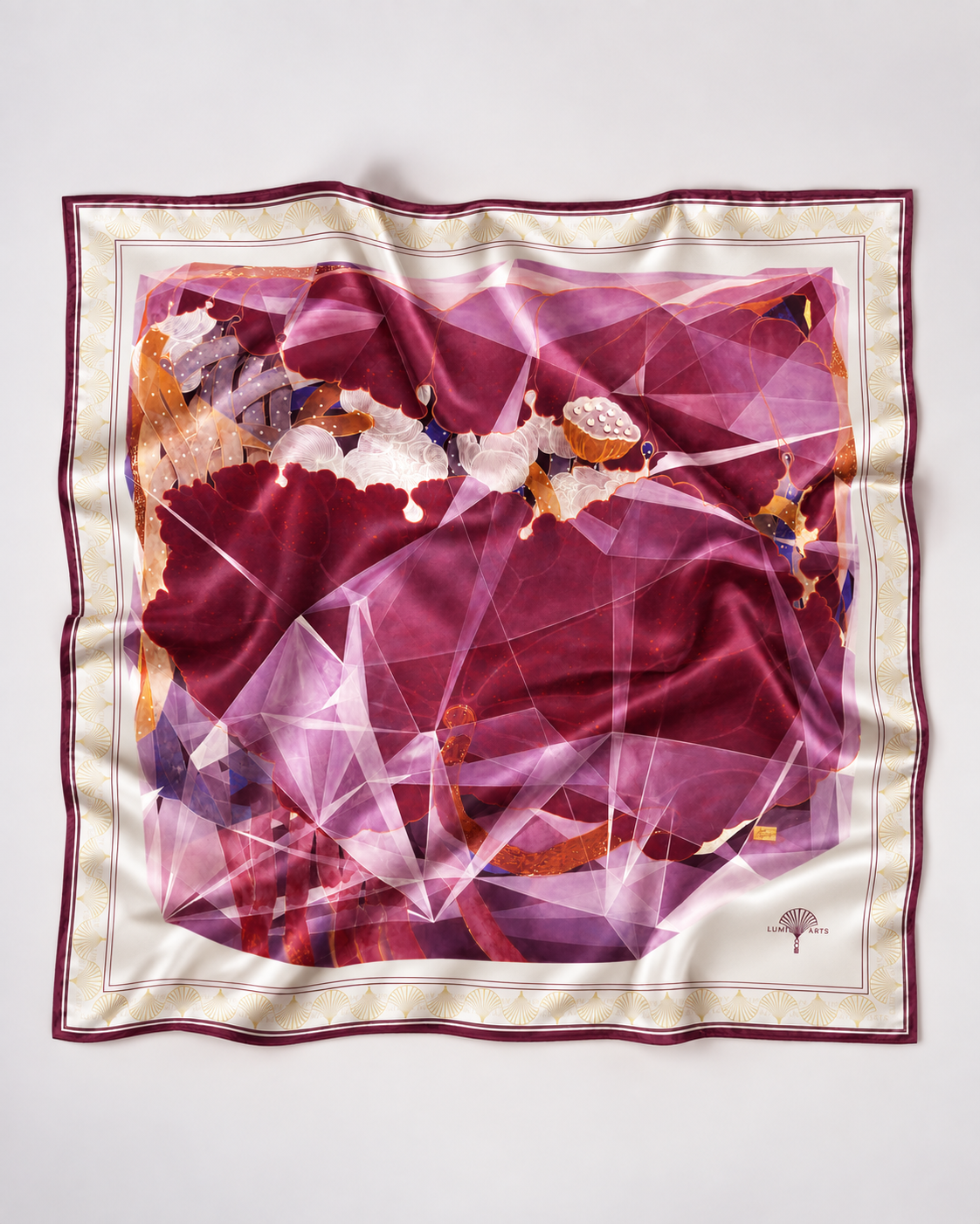Lotus Geometry silk scarf shown flat with full artwork