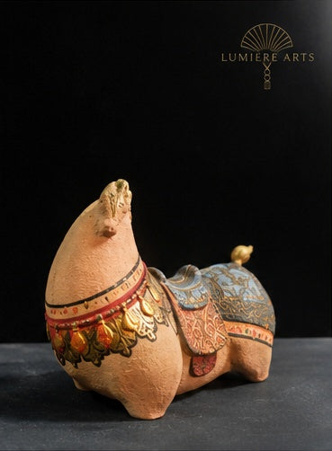 Lumiere Arts Vietnamese paper pulp horse sculpture — Blue, Gold & Terracotta