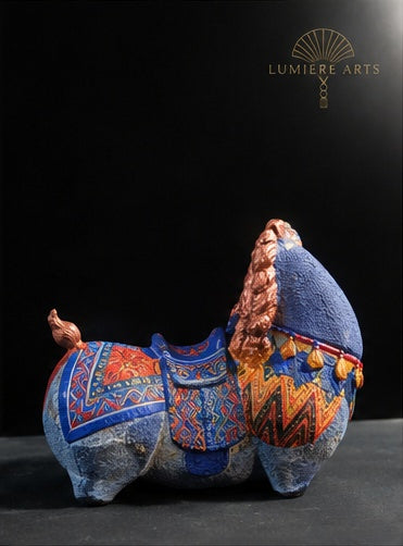 Lumiere Arts Vietnamese paper pulp horse sculpture — Red, Blue & Gold