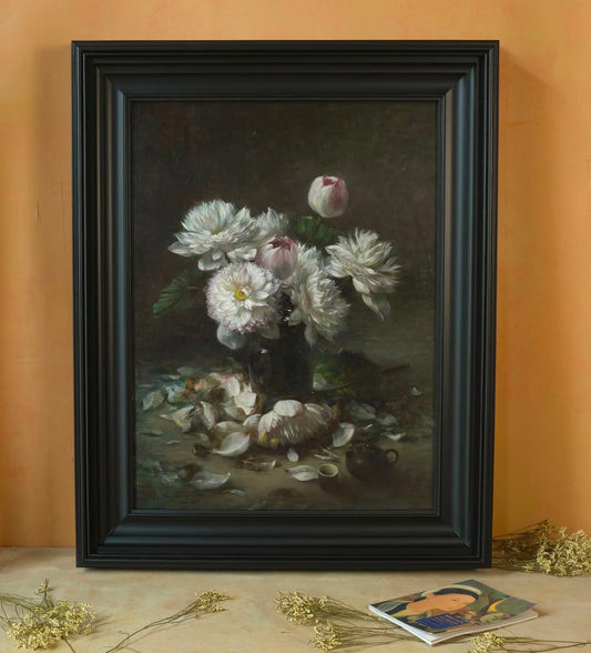 Original oil painting Still Life with White Flowers by Nguyễn Thọ Hiếu in black frame