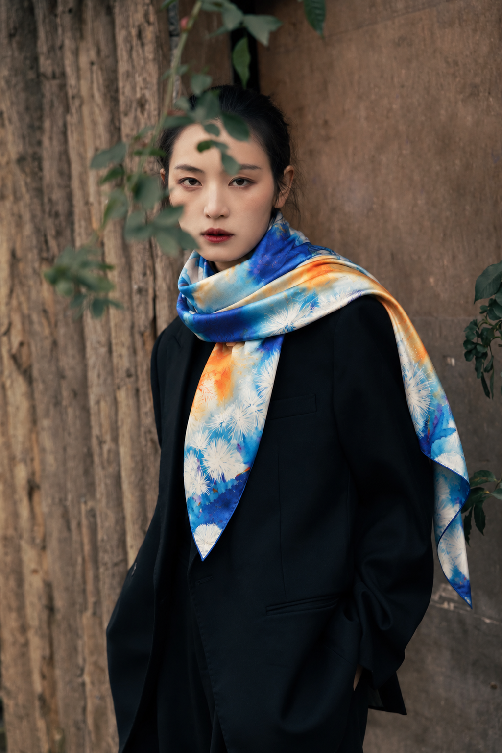Blue Bloom silk scarf by Nguyen Van Trinh worn with black coat