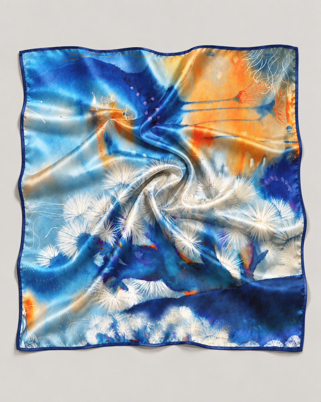 Blue Bloom silk scarf watercolor artwork detail