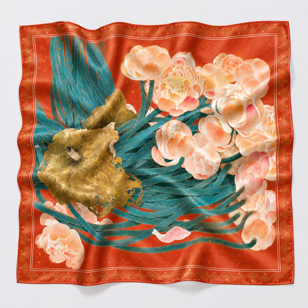 Golden Lotus silk scarf — detailed silk artwork