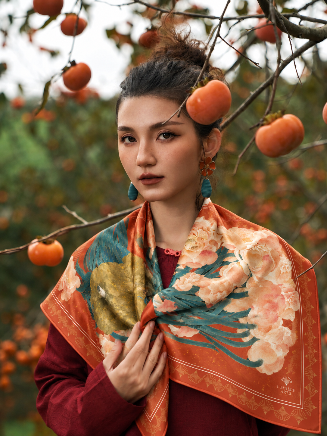 Golden Lotus silk scarf styled on model