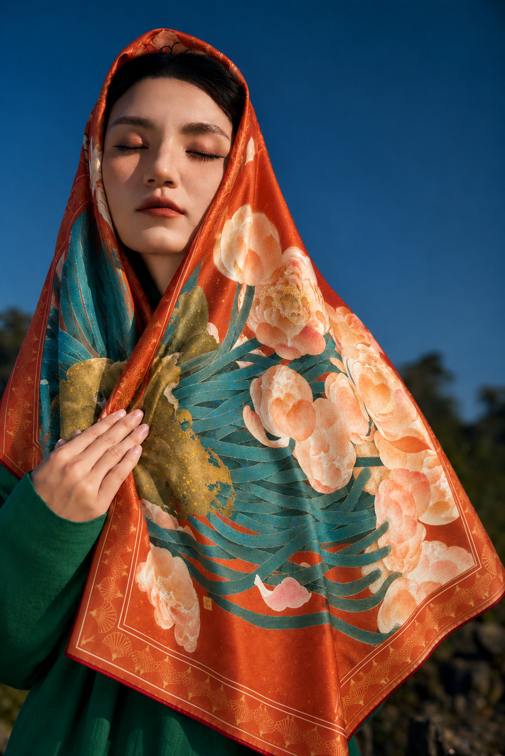 Golden Lotus silk scarf draped on model
