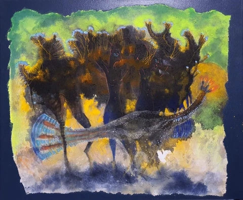 Săn chim lửa — Nguyễn Văn Trinh, original watercolor on Giang paper, 82 × 68 cm